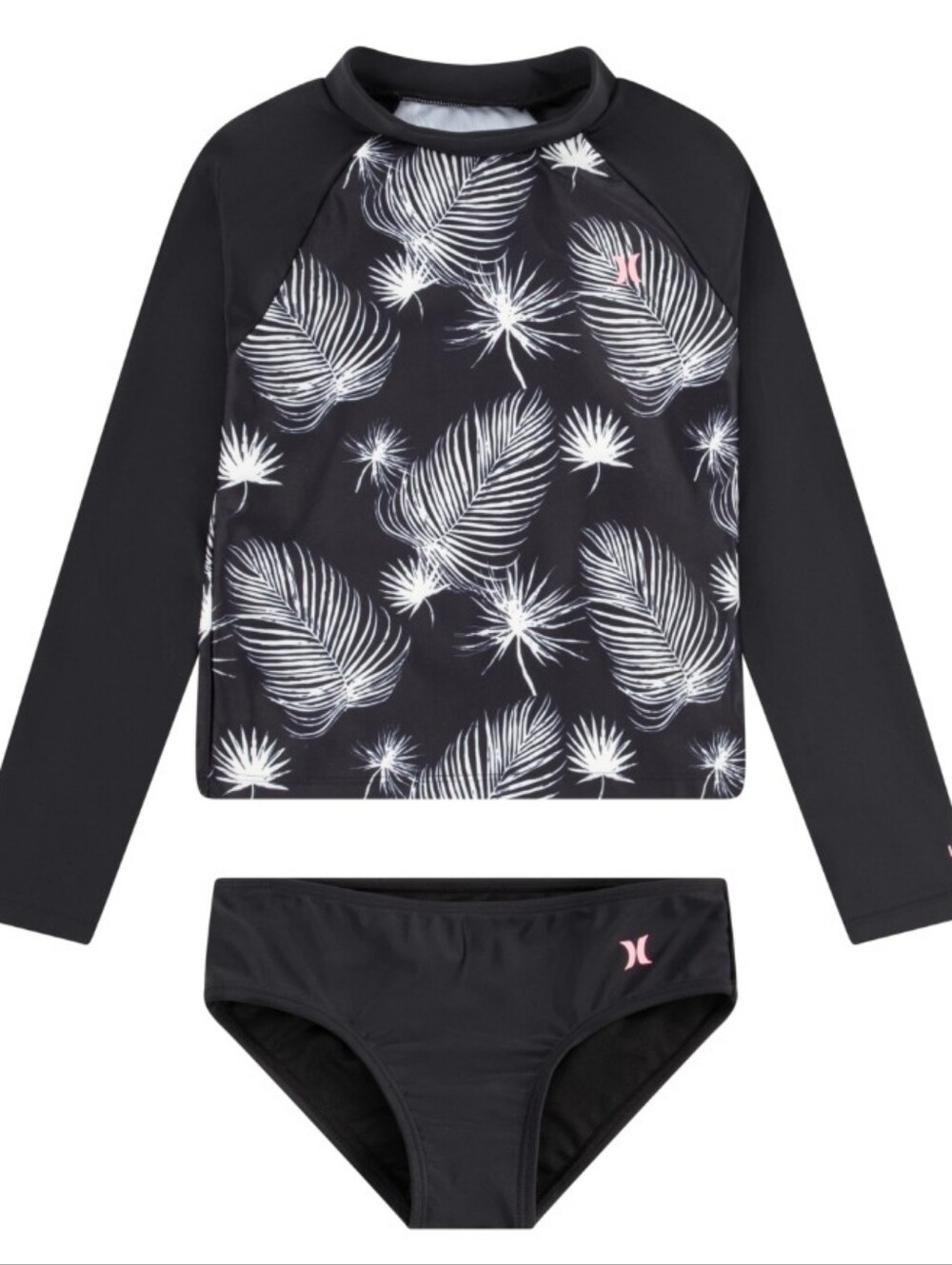 NWT Hurley Black White Palm Print Long Sleeve Rashguard Set Two Piece - Size 12